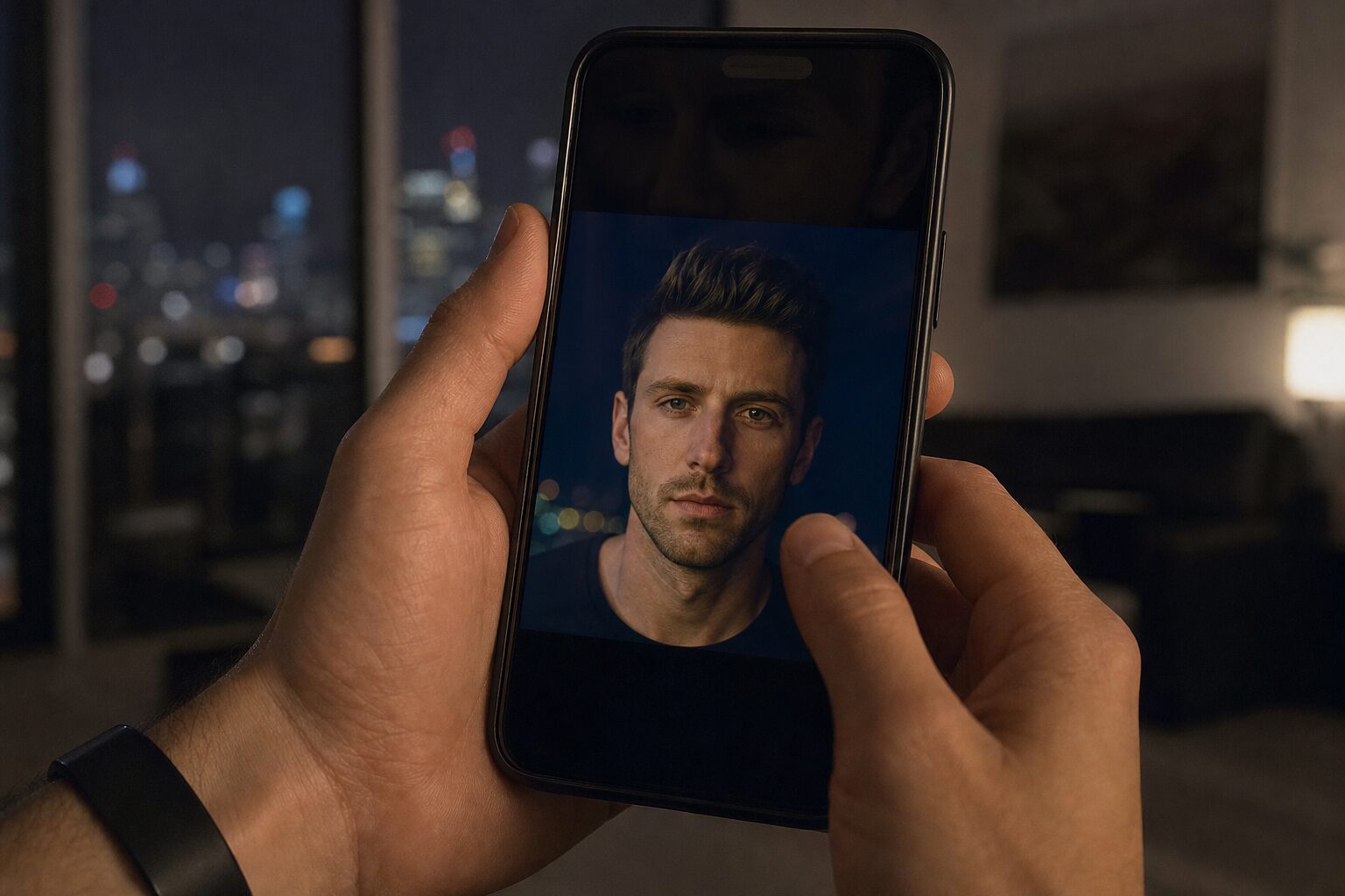 A man seeing his own face on a smartphone screen