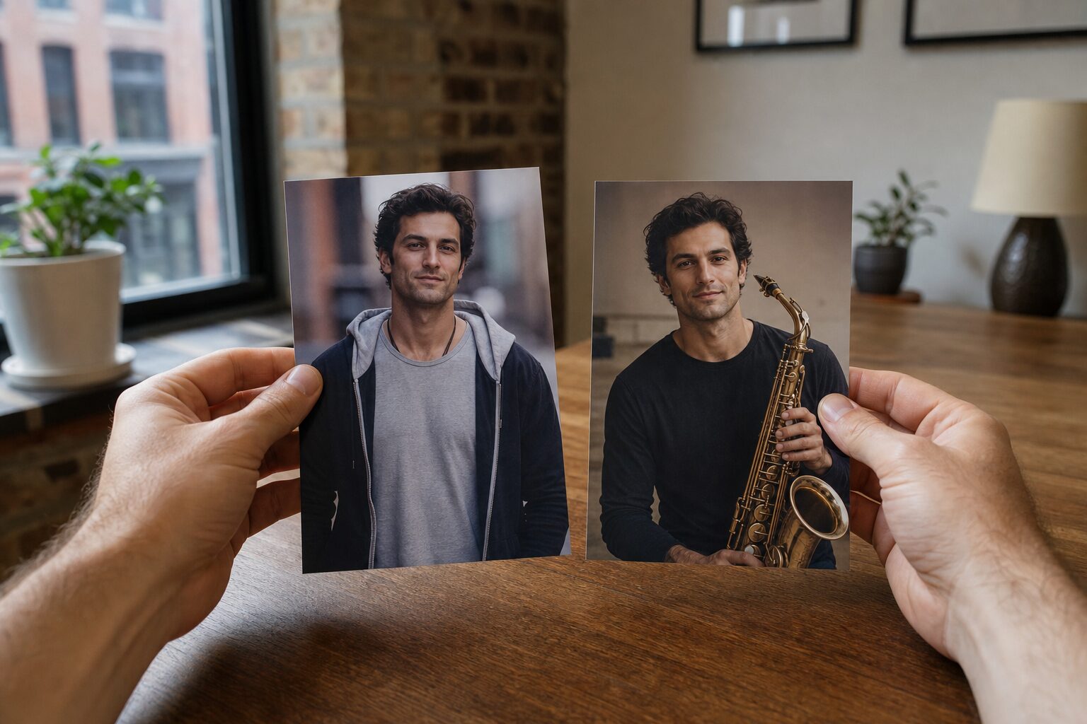 A man's hands holding two profile photos side by side for comparison