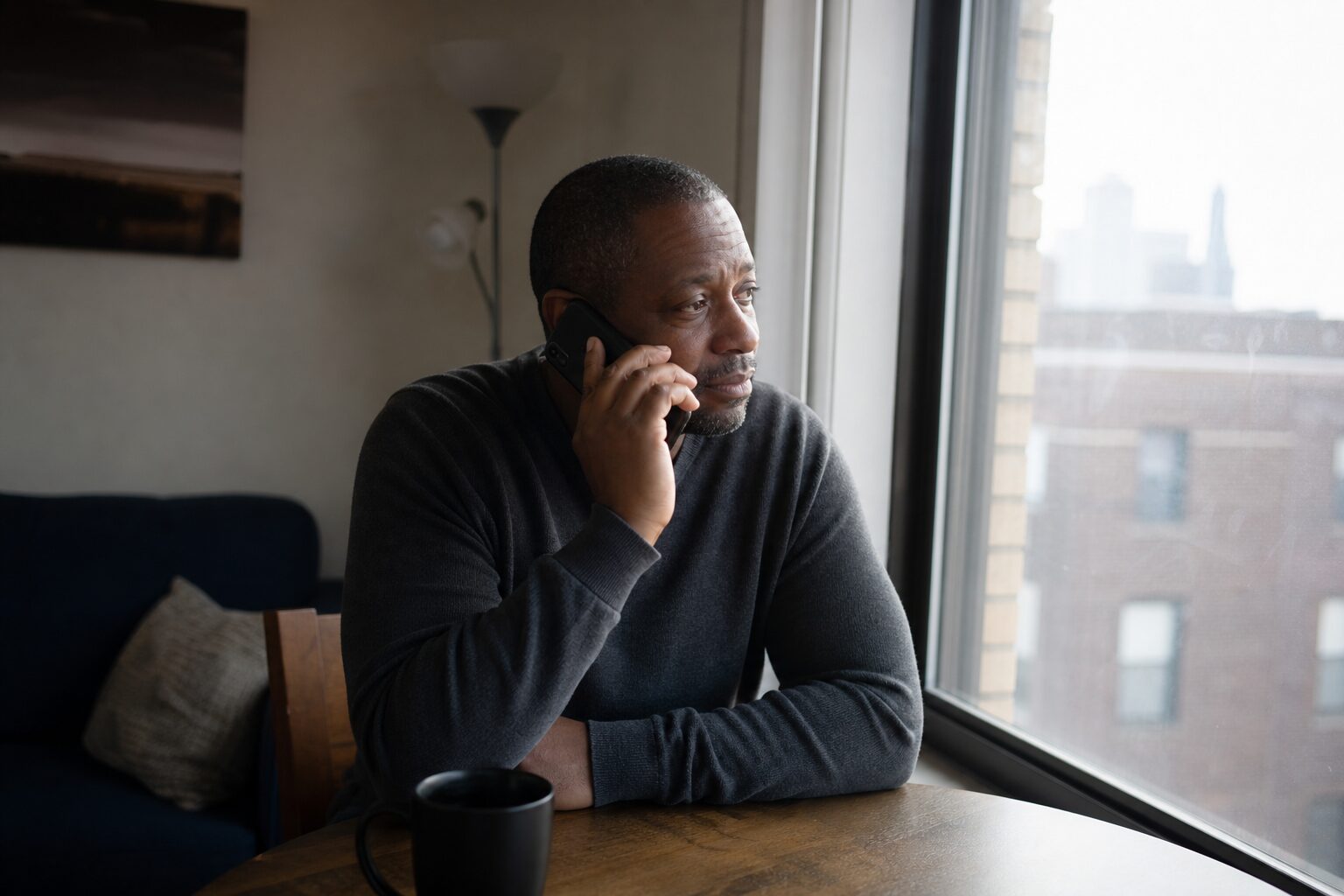 A man sitting by a window, talking on the phone