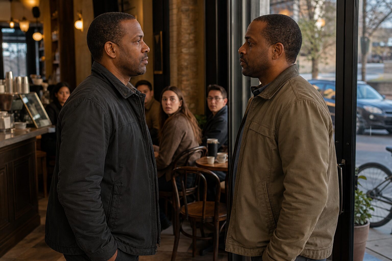 Two men facing each other for the first time in a café