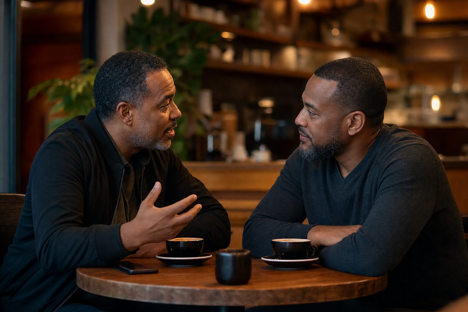Two men deep in conversation across a table