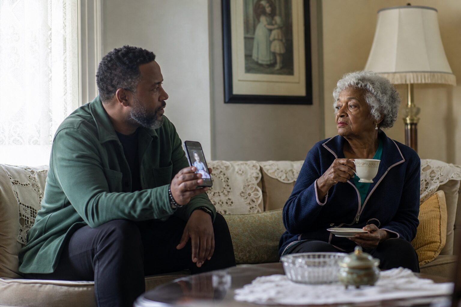 A son showing his mother a photo on his phone