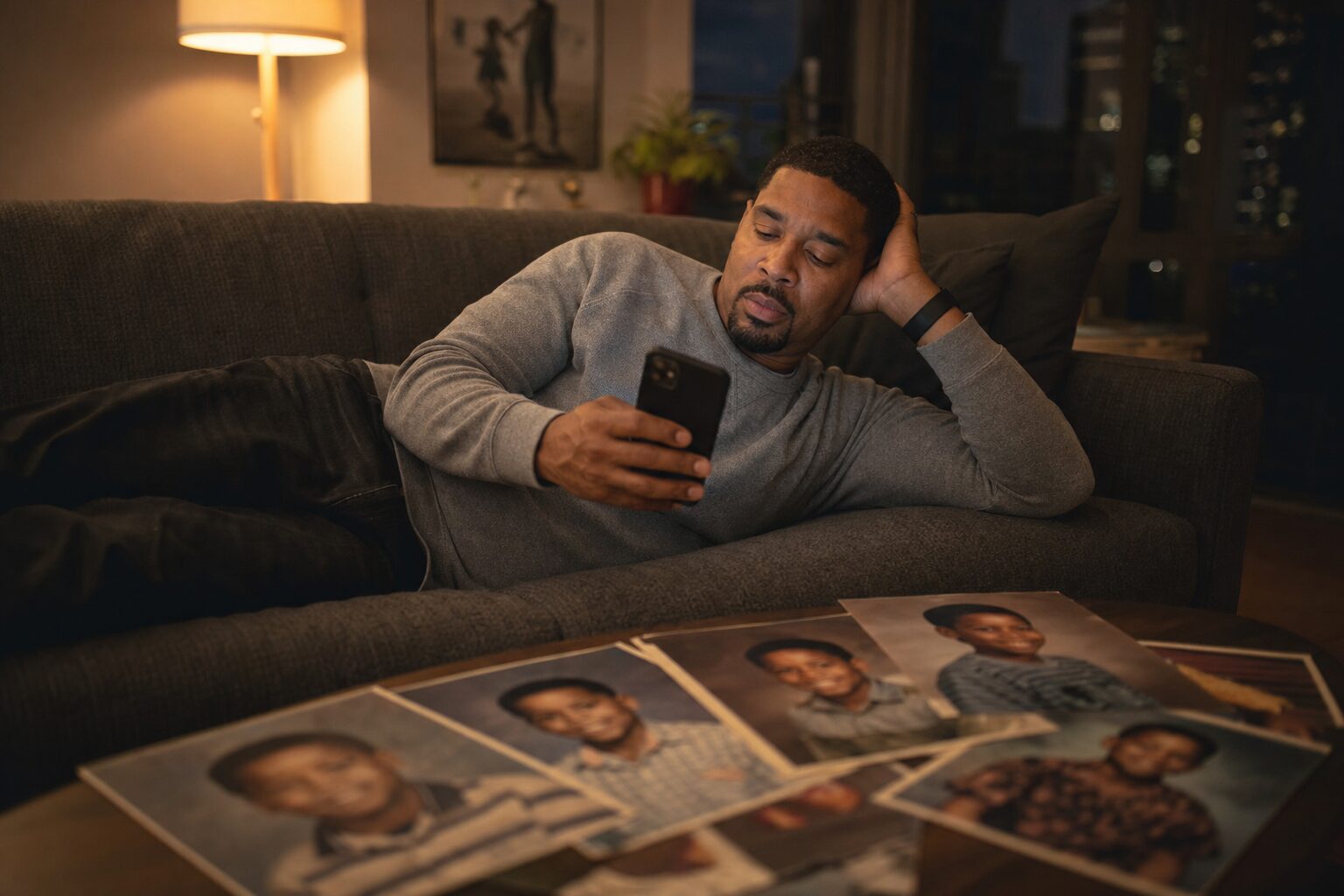 A man comparing childhood photos on his smartphone
