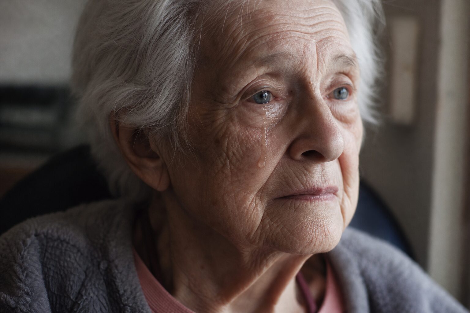 An elderly woman gazing out the window, holding back tears