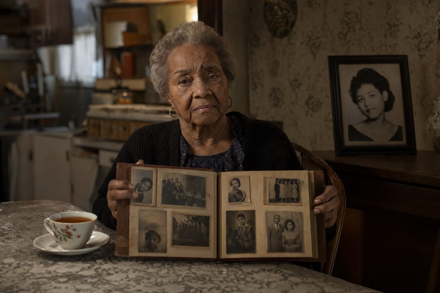 An elderly woman's profile as she speaks in front of an old photo album