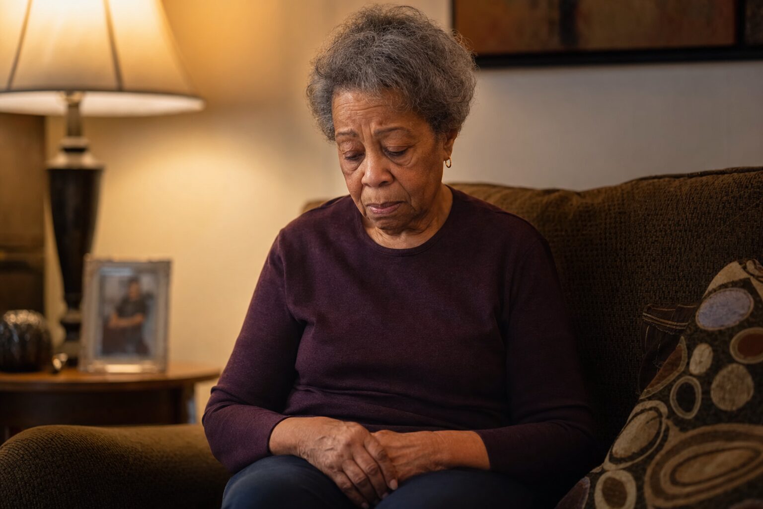 An elderly woman with her head bowed, hands resting on her knees