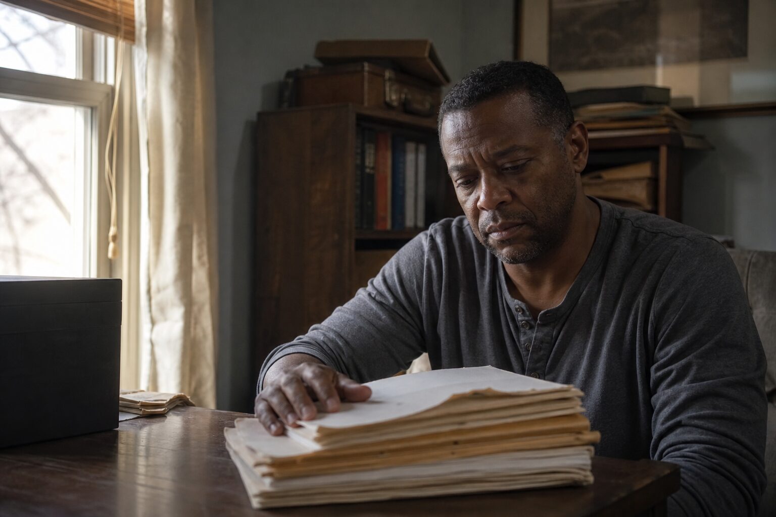 A man gazing at a thick stack of old documents