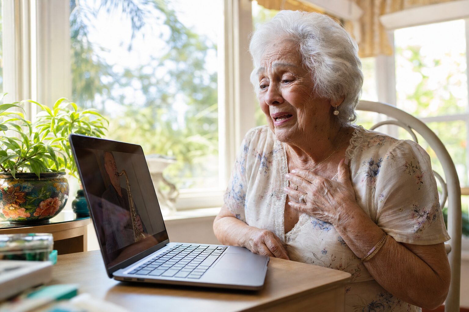 An elderly woman watching her computer at home in Florida