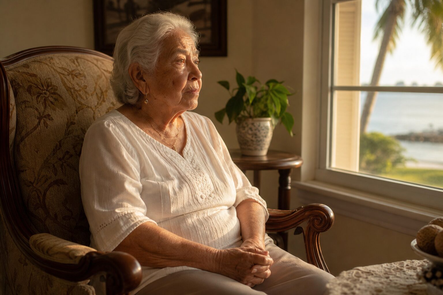 An elderly woman with white hair staring out the window