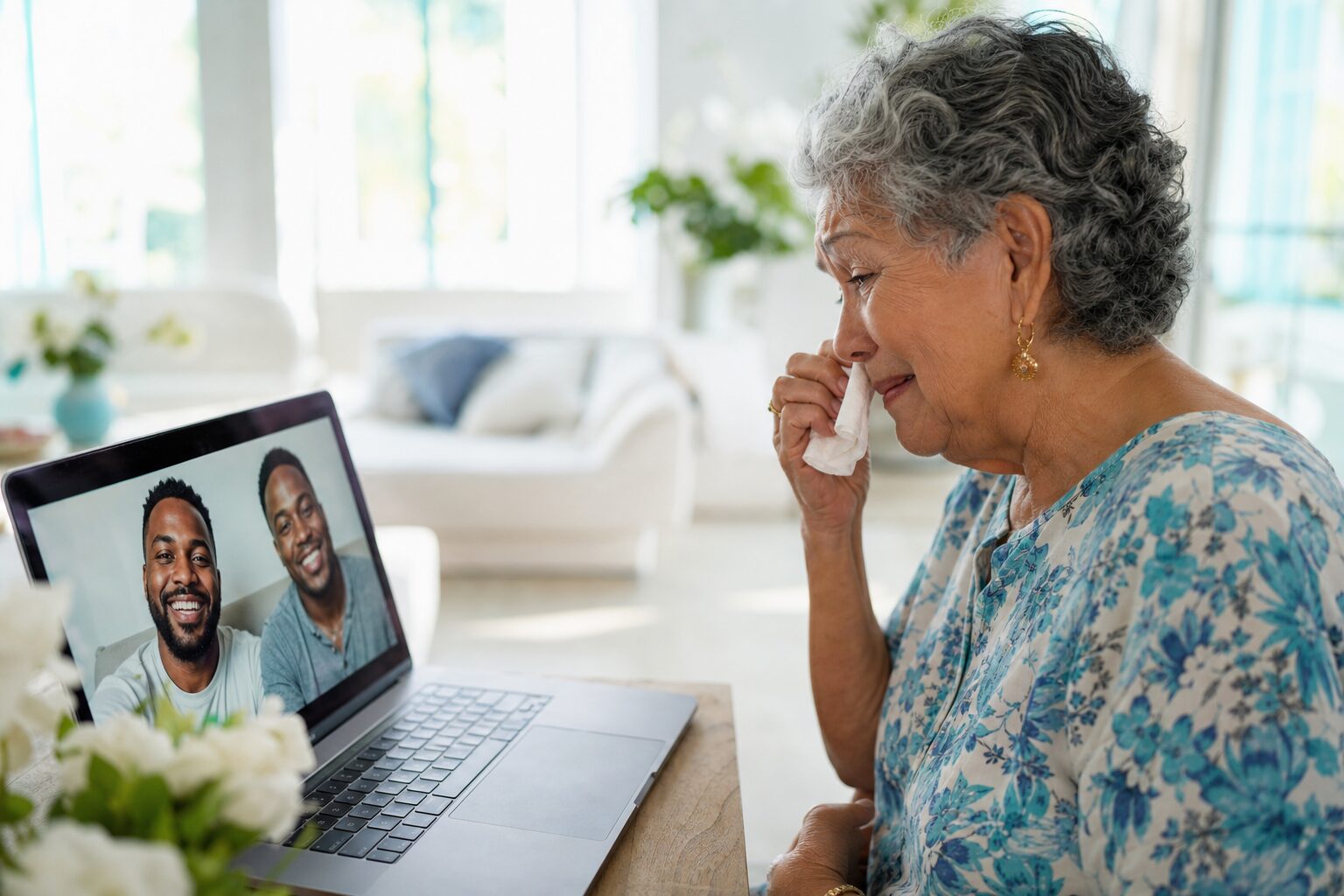 An elderly woman speaking through a video call screen