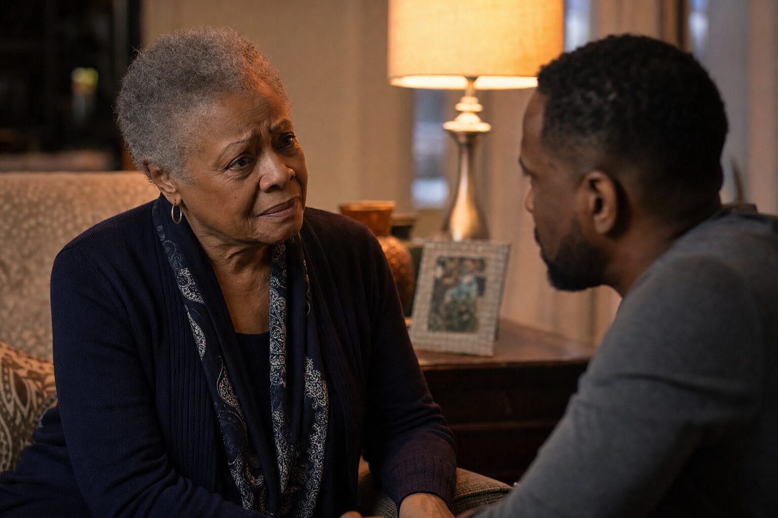 An elderly woman and a middle-aged man facing each other in a living room