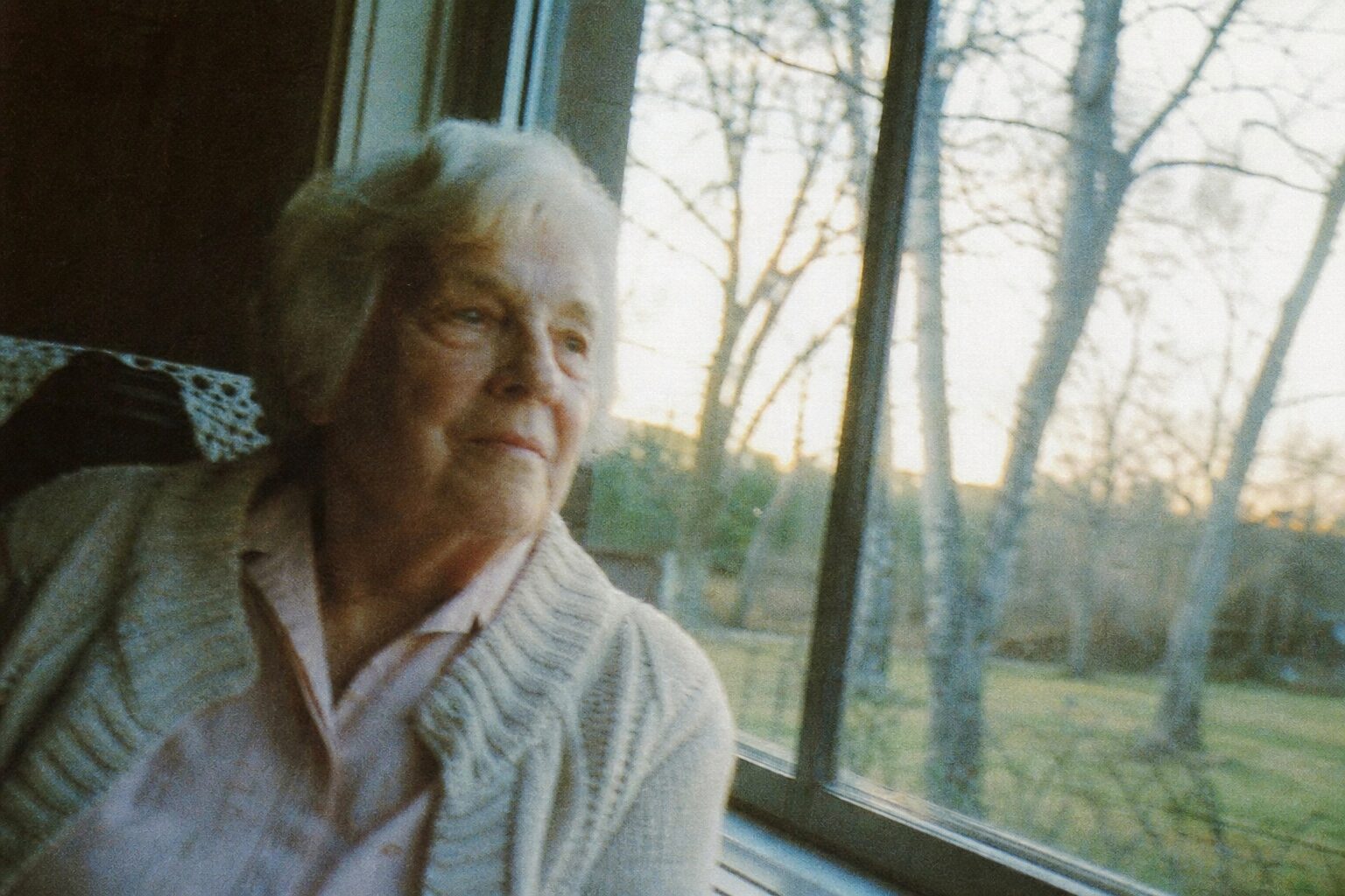 An elderly woman's quiet expression as she gazes out the window