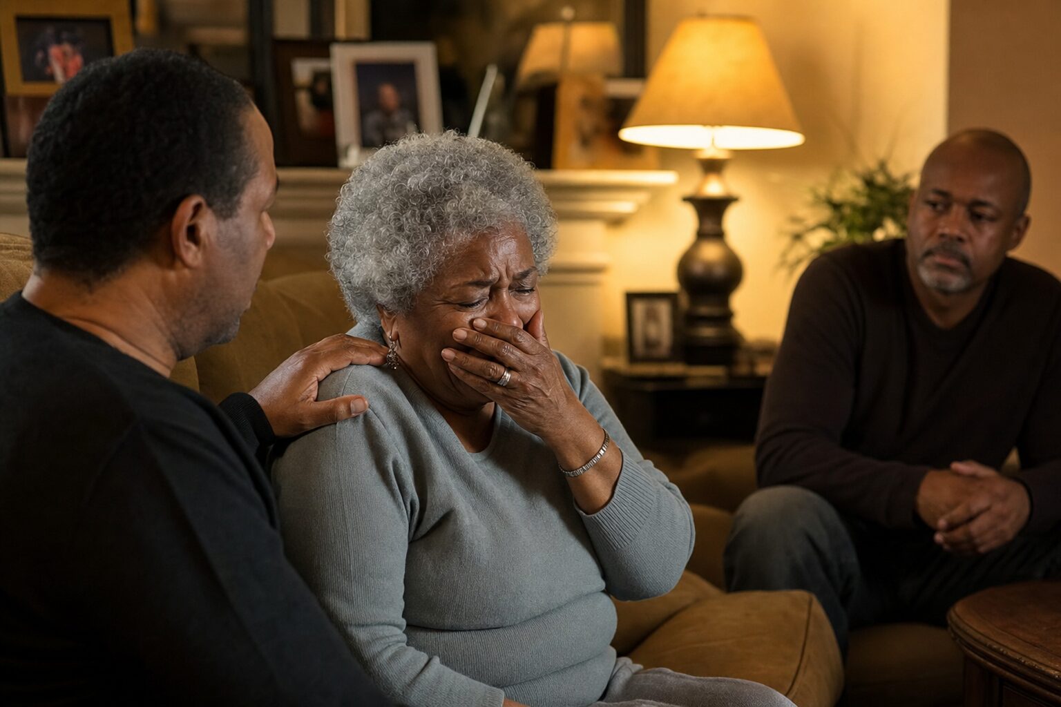 A son resting his hand on his weeping mother's shoulder