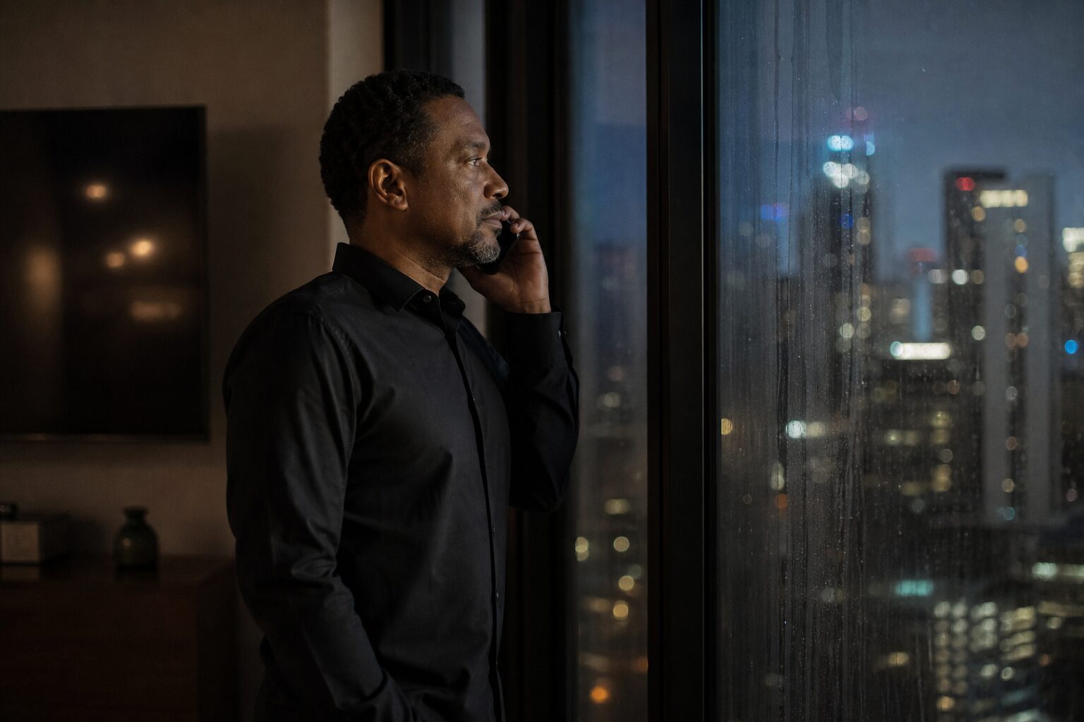 A man on the phone looking out a window at night