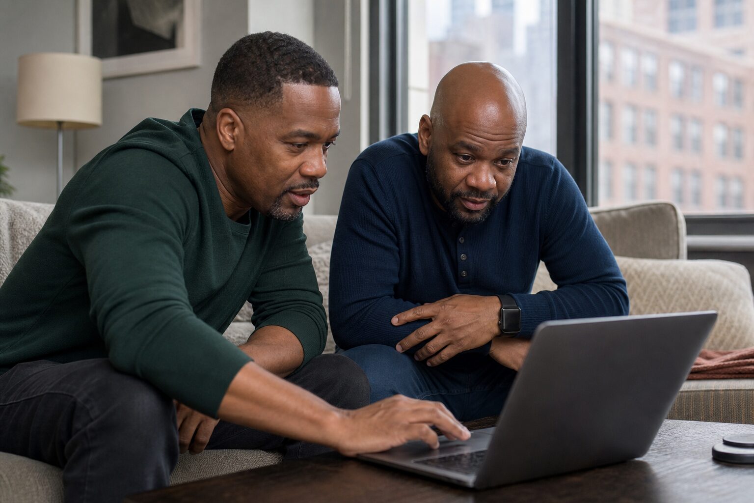 Two men searching for a person on a laptop computer