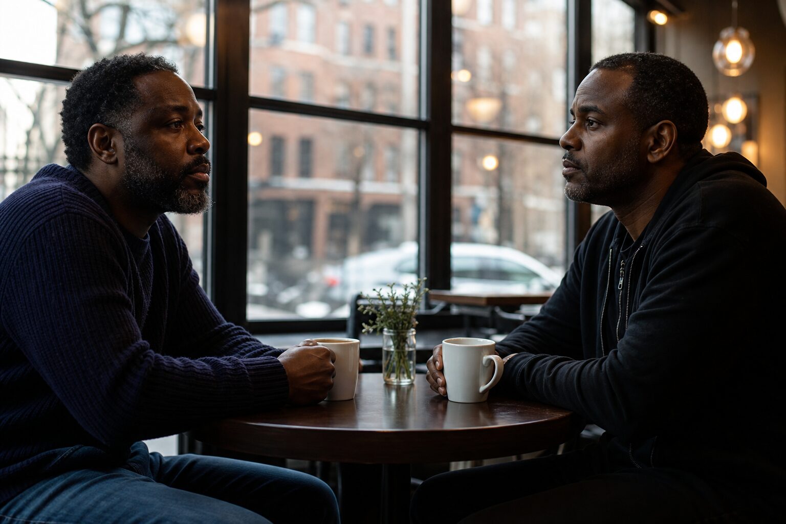 Two men sitting in silence over coffee