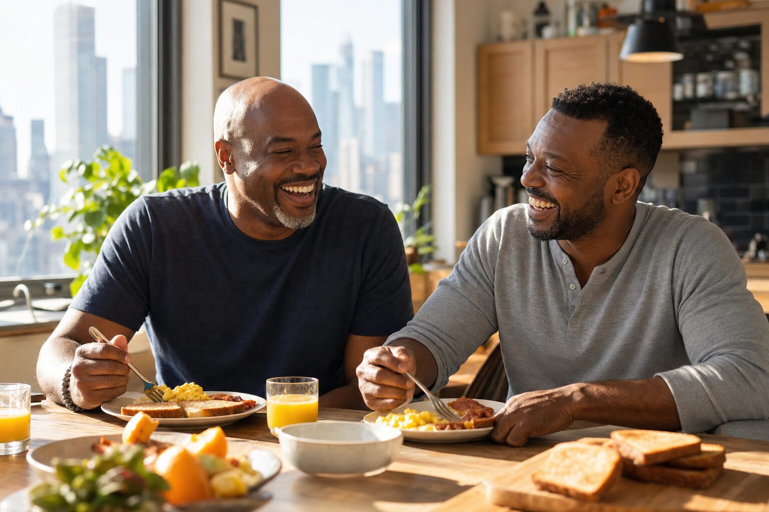 Two men laughing together around a breakfast table