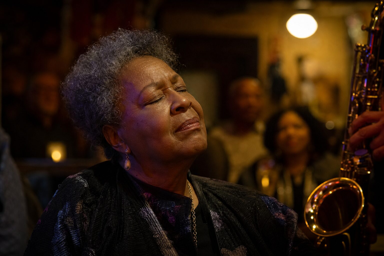 An elderly woman listening to a live performance at a jazz venue