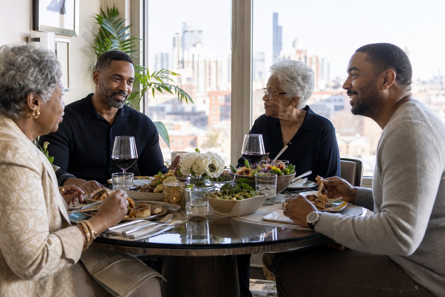 A scene of four people sharing a meal around a table