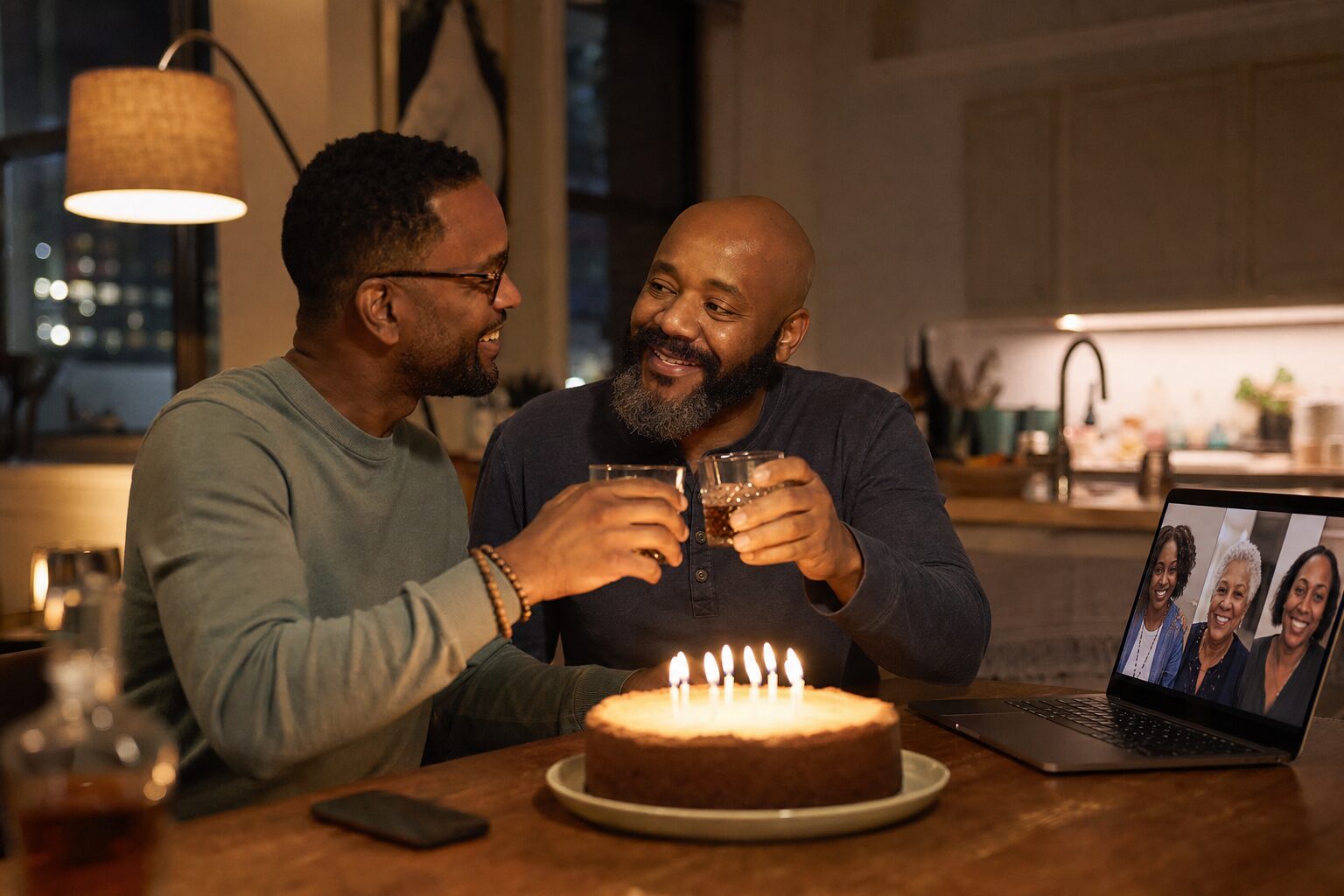 Two men laughing in front of a birthday cake
