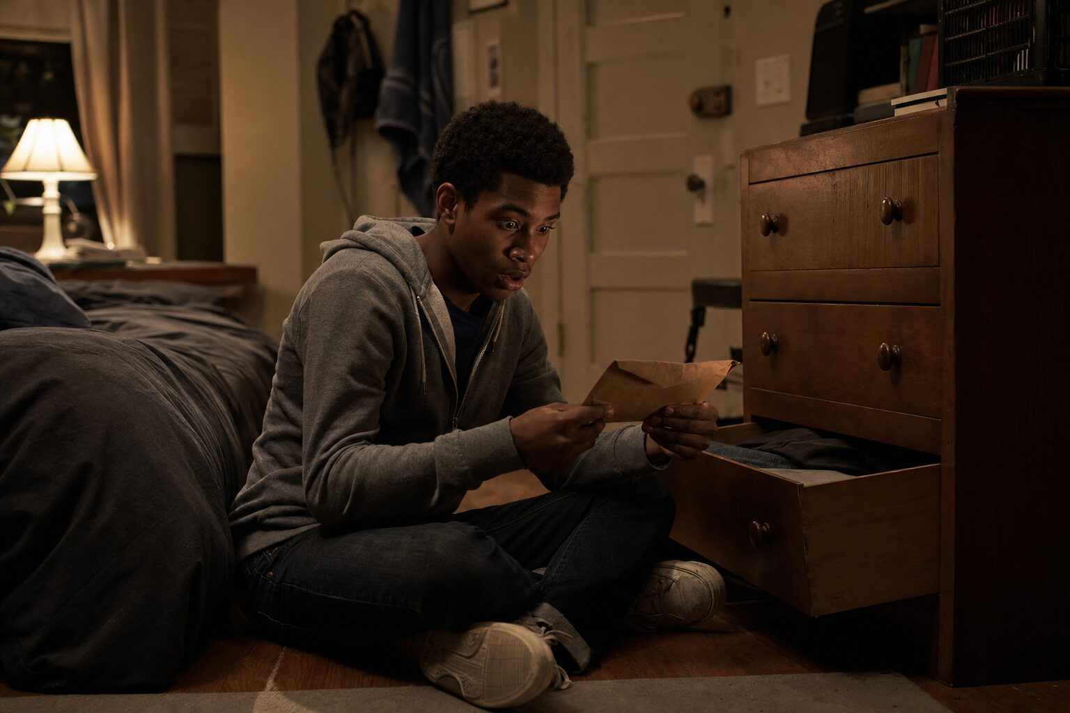 A boy discovering a hidden envelope at the bottom of an old dresser drawer in a dimly lit apartment
