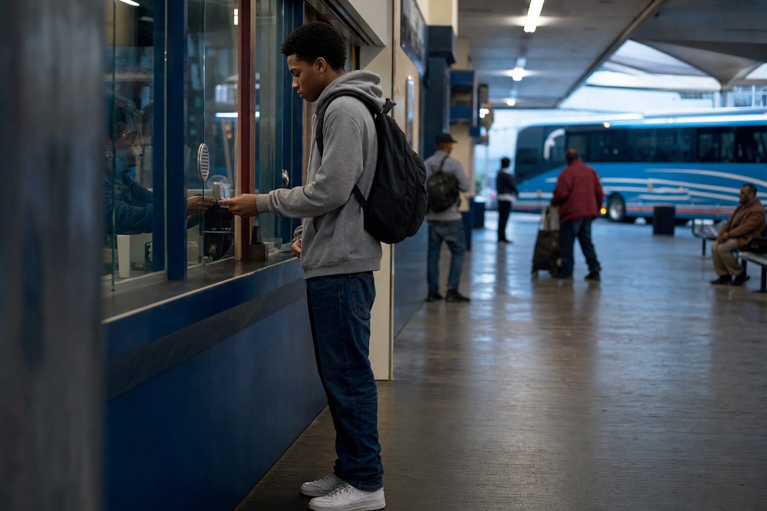 A teenage boy alone at an Atlanta bus terminal, buying a ticket with his back to the camera