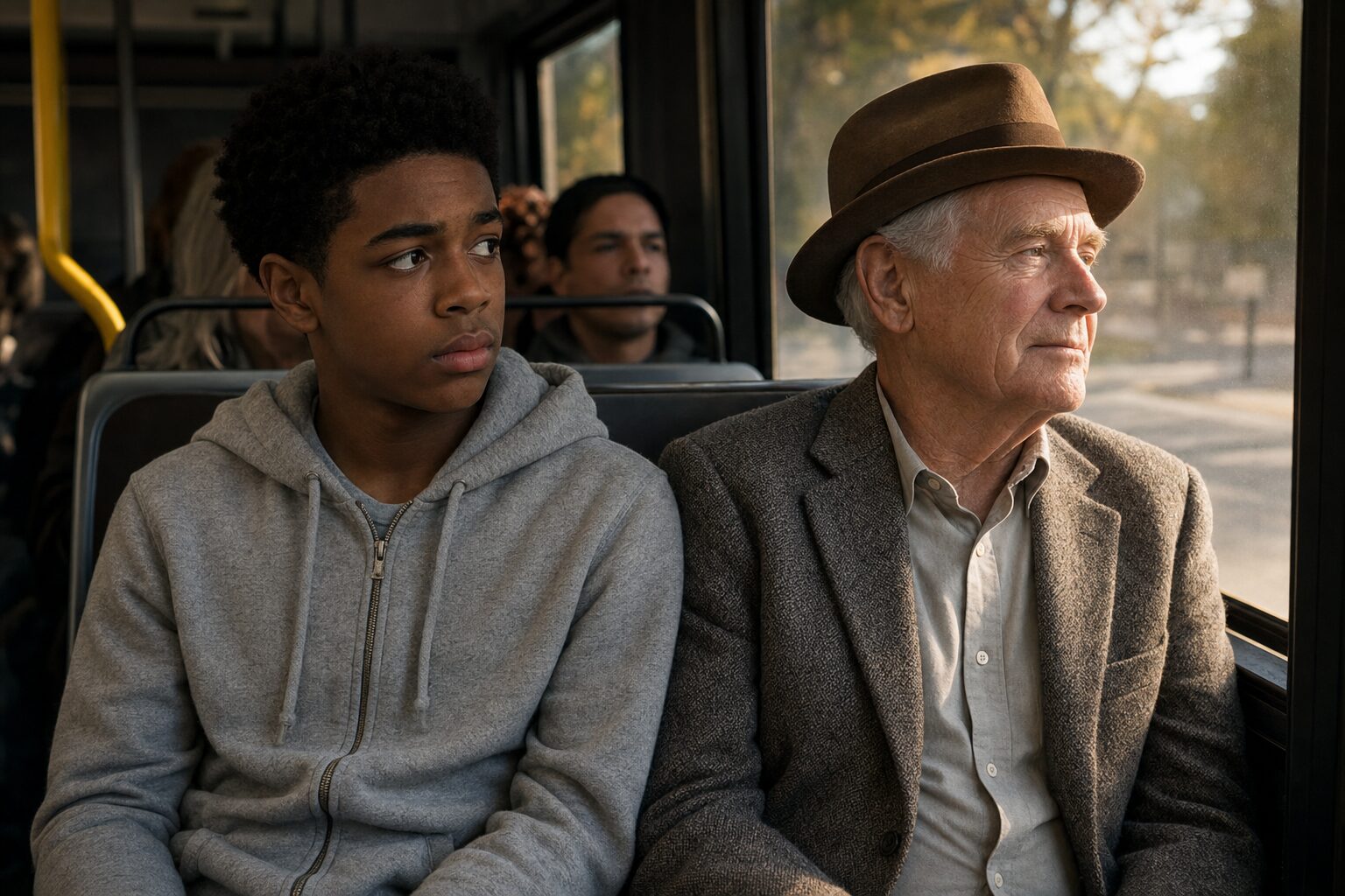 Inside a bus, a teenage boy and an elderly man in a gray jacket sitting side by side, both looking toward the window