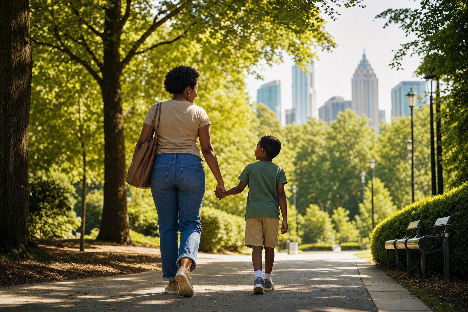 A warm sunny park scene — a young African American woman and a small boy walking hand in hand along a path, seen from behind