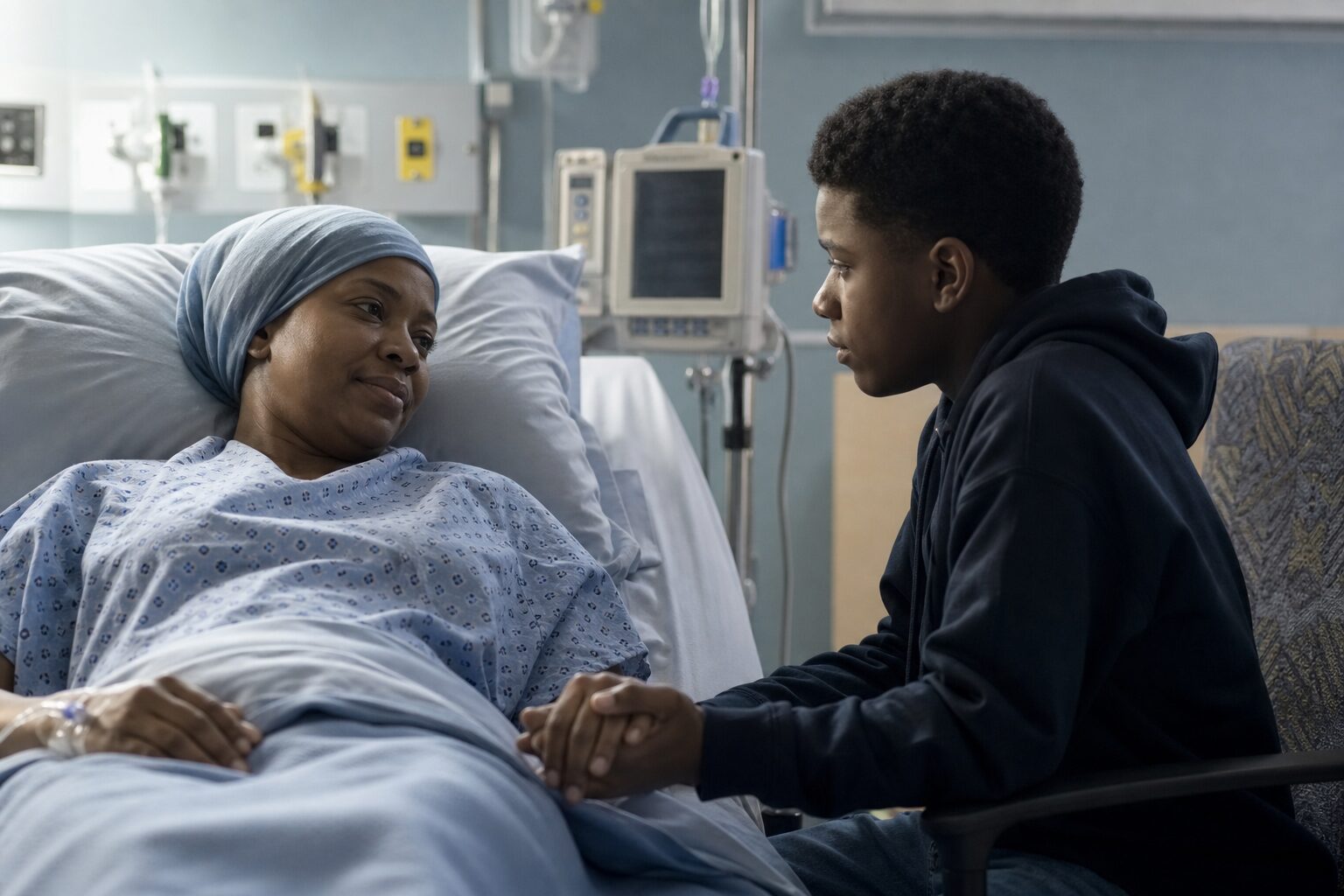 A hospital room with soft lighting — an African American woman in a hospital bed, a teenage boy sitting beside her gently holding her hand