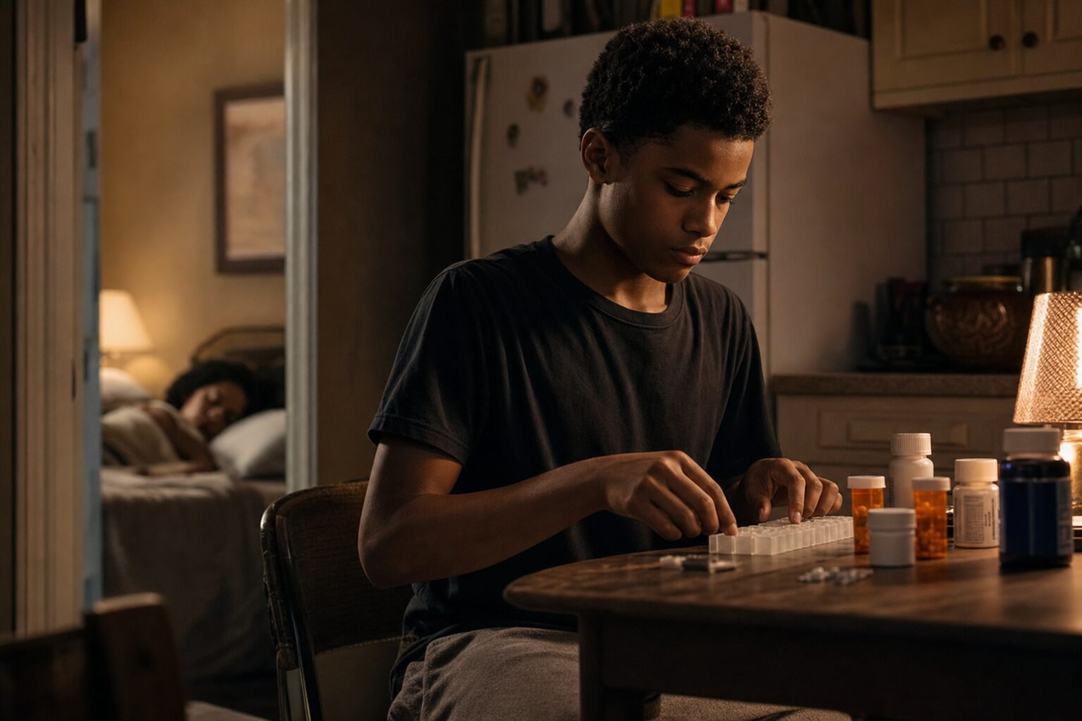 A small apartment kitchen at night — a teenage boy carefully arranging medicine bottles at the table, a woman sleeping in the background