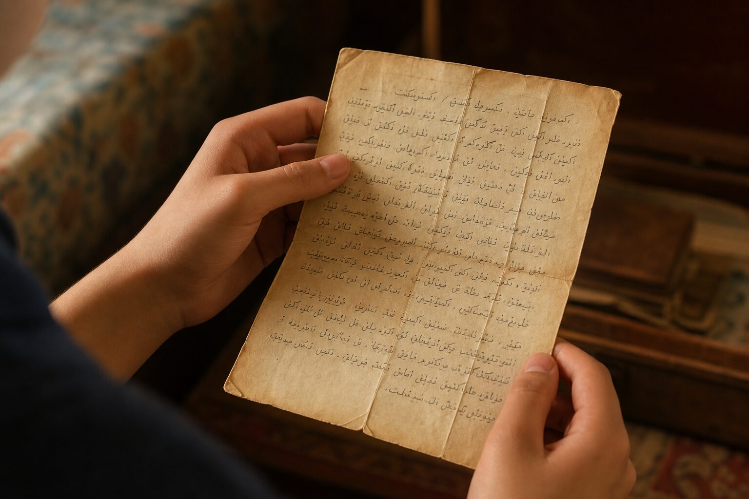Close-up of an aged handwritten note held in a teenager's hand, the address written clearly in the center