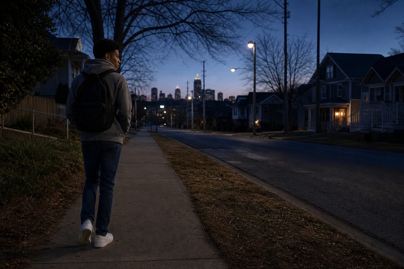 Empty pre-dawn Atlanta street — a teenage boy with a backpack walking alone, city streetlights still glowing