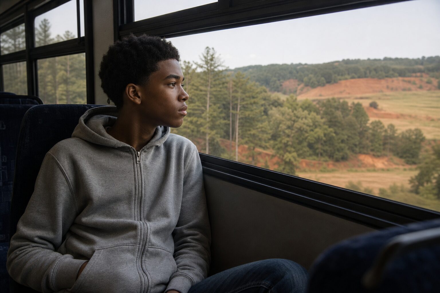 Bus interior — a teenage boy gazing out the window at Alabama's red clay hills and pine forests passing by