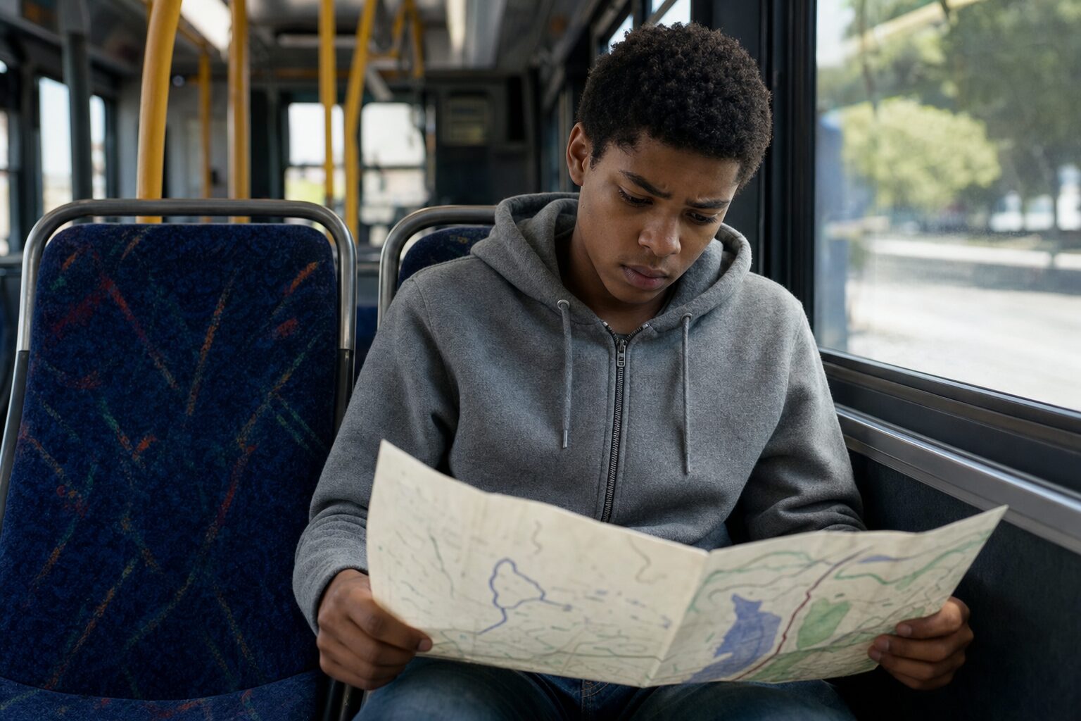 Bus interior — a teenage boy holding a hand-drawn map, the seat beside him empty