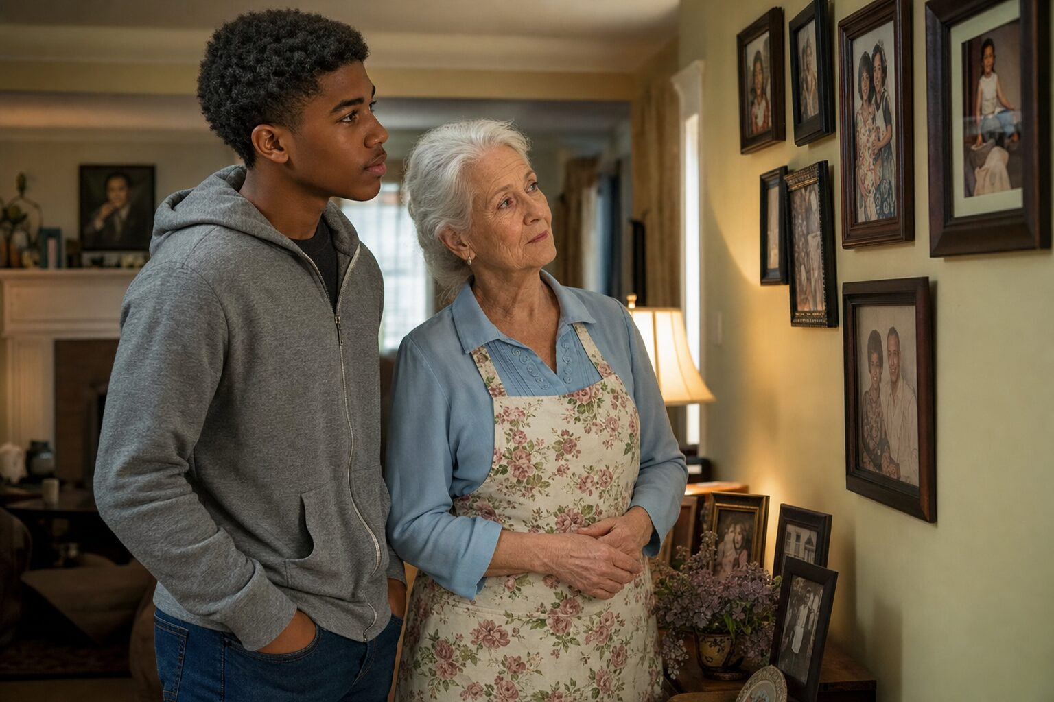Living room interior — an elderly white-haired woman and a teenage boy standing side by side looking at framed family photos on the wall