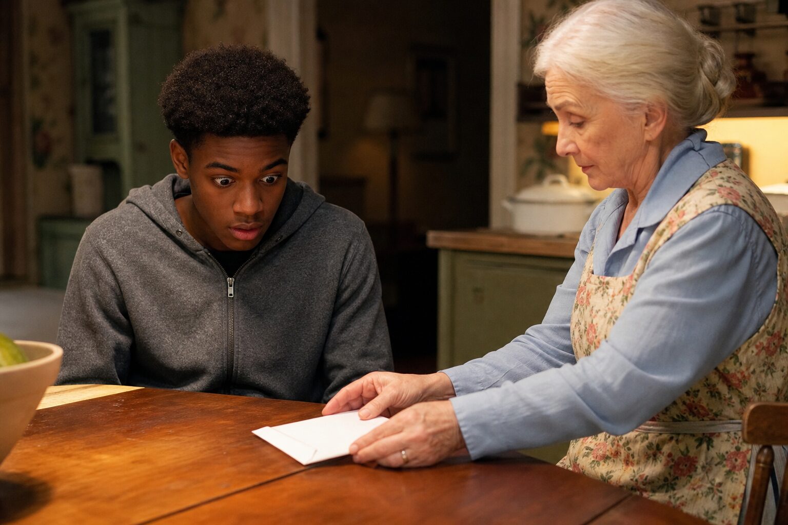 Kitchen table — an elderly woman placing a sealed envelope in front of a teenage boy who stares at it with wide eyes