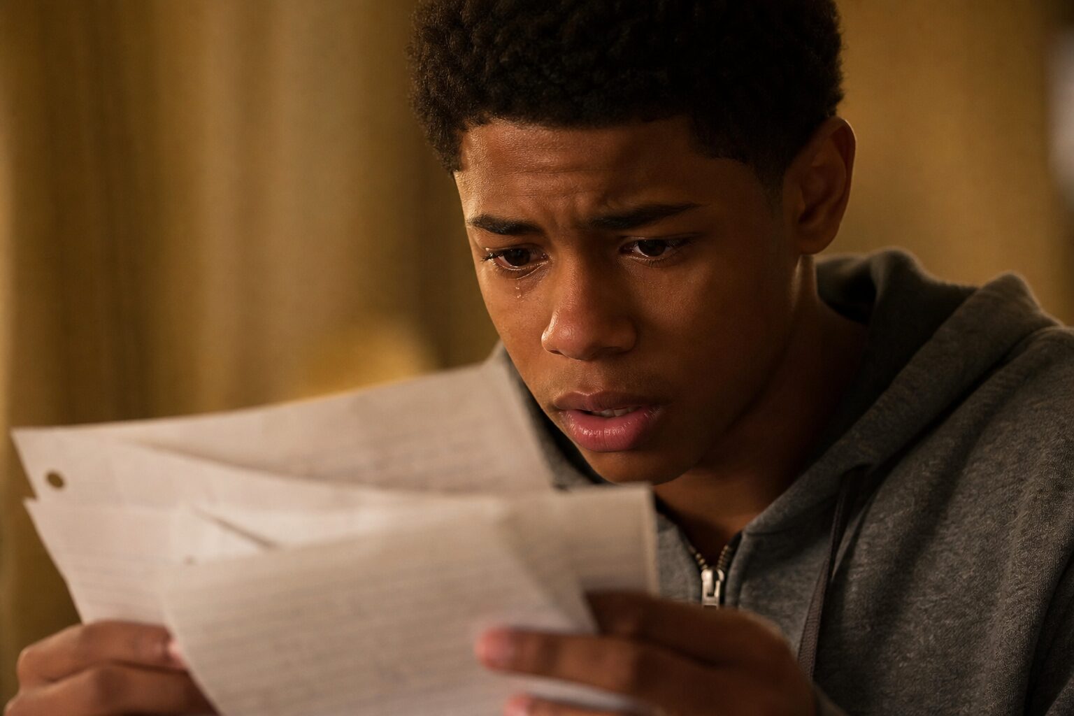 Close-up — a teenage boy's trembling hands holding an open letter, tears forming in his eyes as he reads