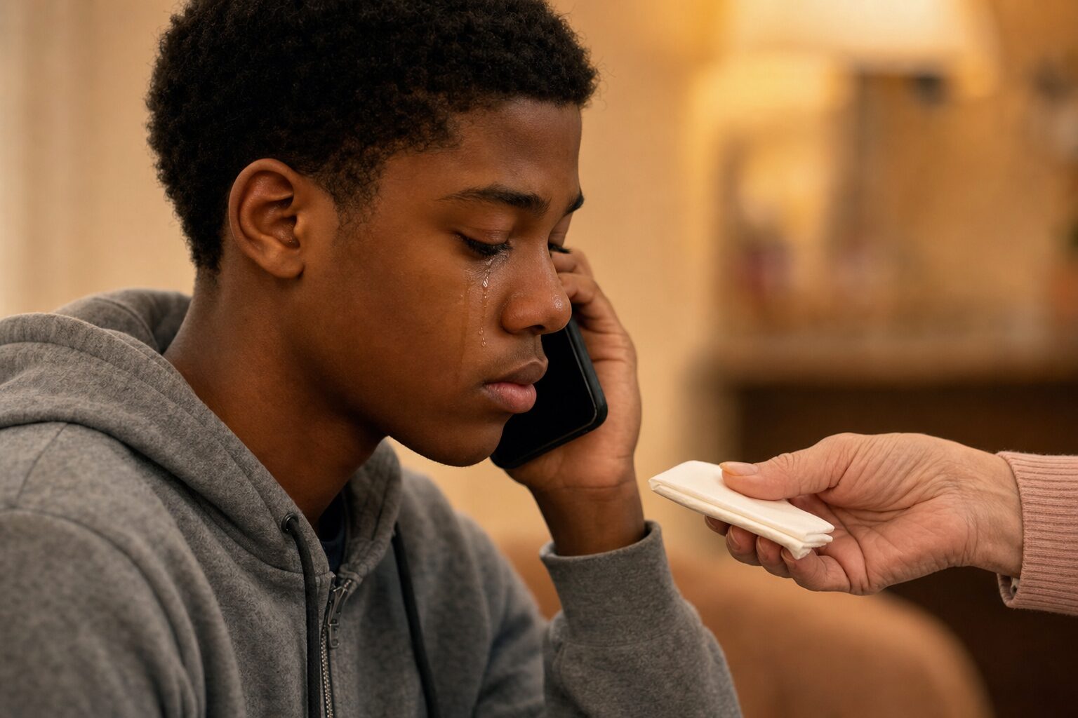 Miles's profile — tears on his cheeks during a phone call, Dorothy's hand offering a tissue from the side
