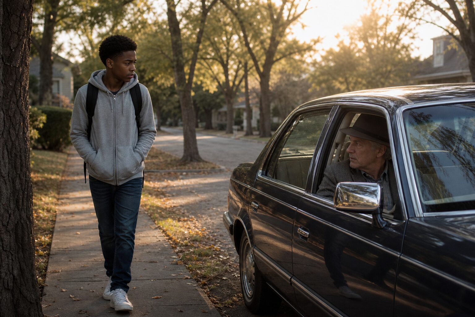 A tree-lined Dallas residential street — a teenage boy walking with his backpack, a car pulling up slowly beside him