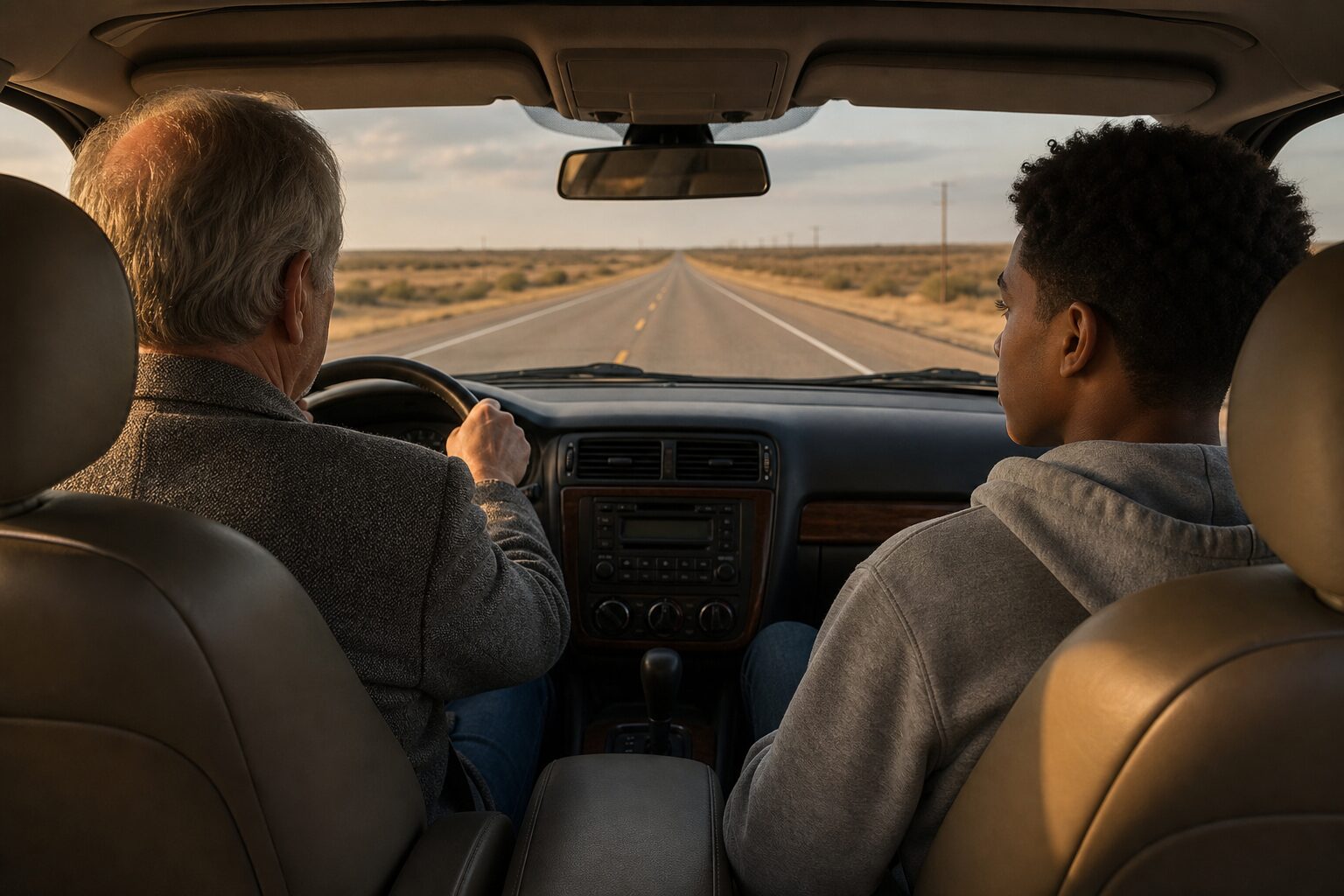 Car interior — an elderly man in a gray jacket driving, Miles in the passenger seat, flat Texas landscape stretching through the windshield