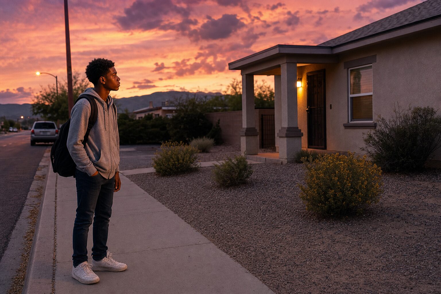 An Albuquerque residential street at dusk under a deep orange and violet sky, a teenage boy standing in front of a small house