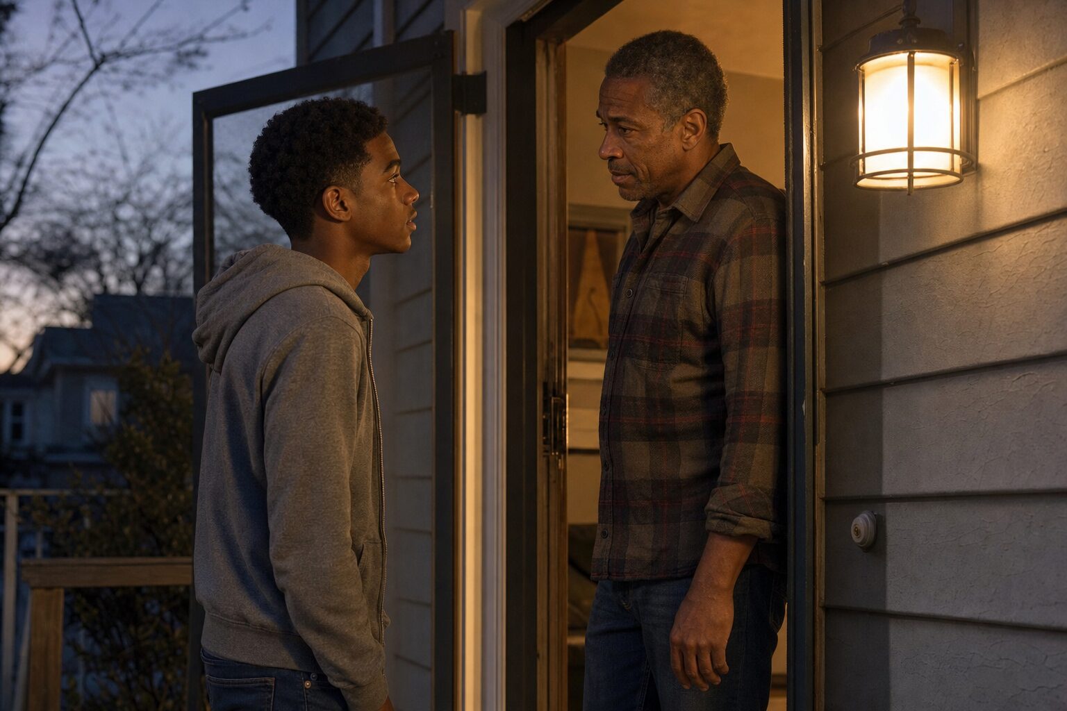 Front doorway — Jake opening the door, Miles standing outside facing him, both with strikingly similar eyes, a profoundly emotional moment