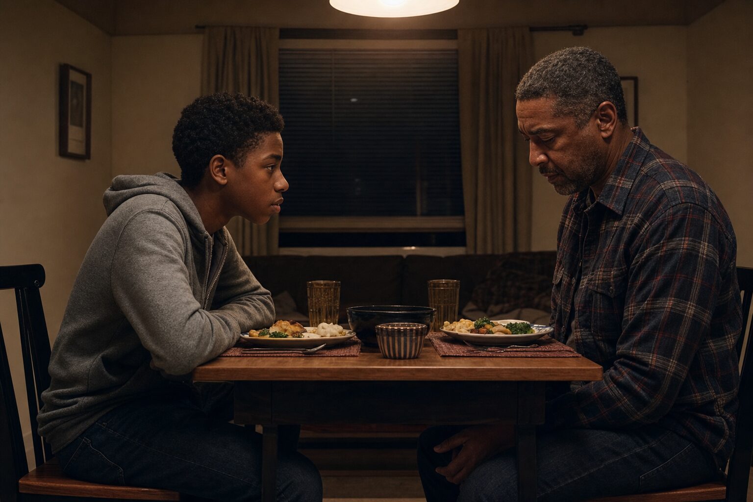 Night dining scene — Jake and Miles sitting across from each other at a small table, Miles looking directly at his father with serious eyes