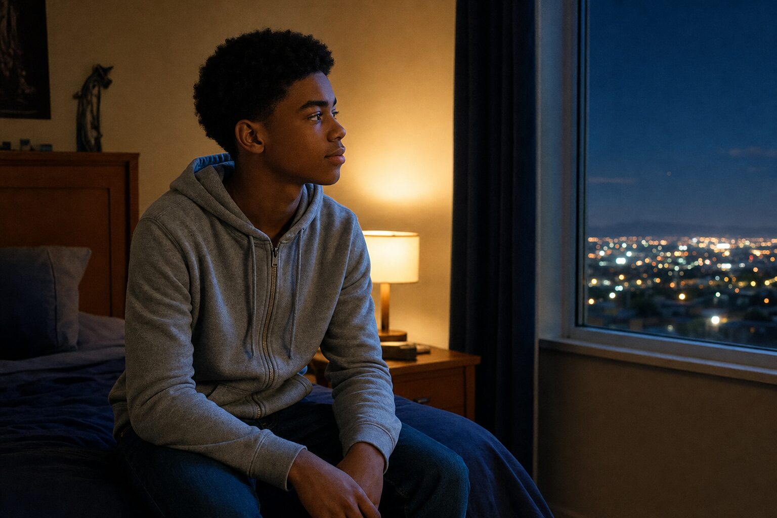 Small bedroom window — Miles sitting on the bed looking out at the Albuquerque night cityscape, a calm and peaceful expression