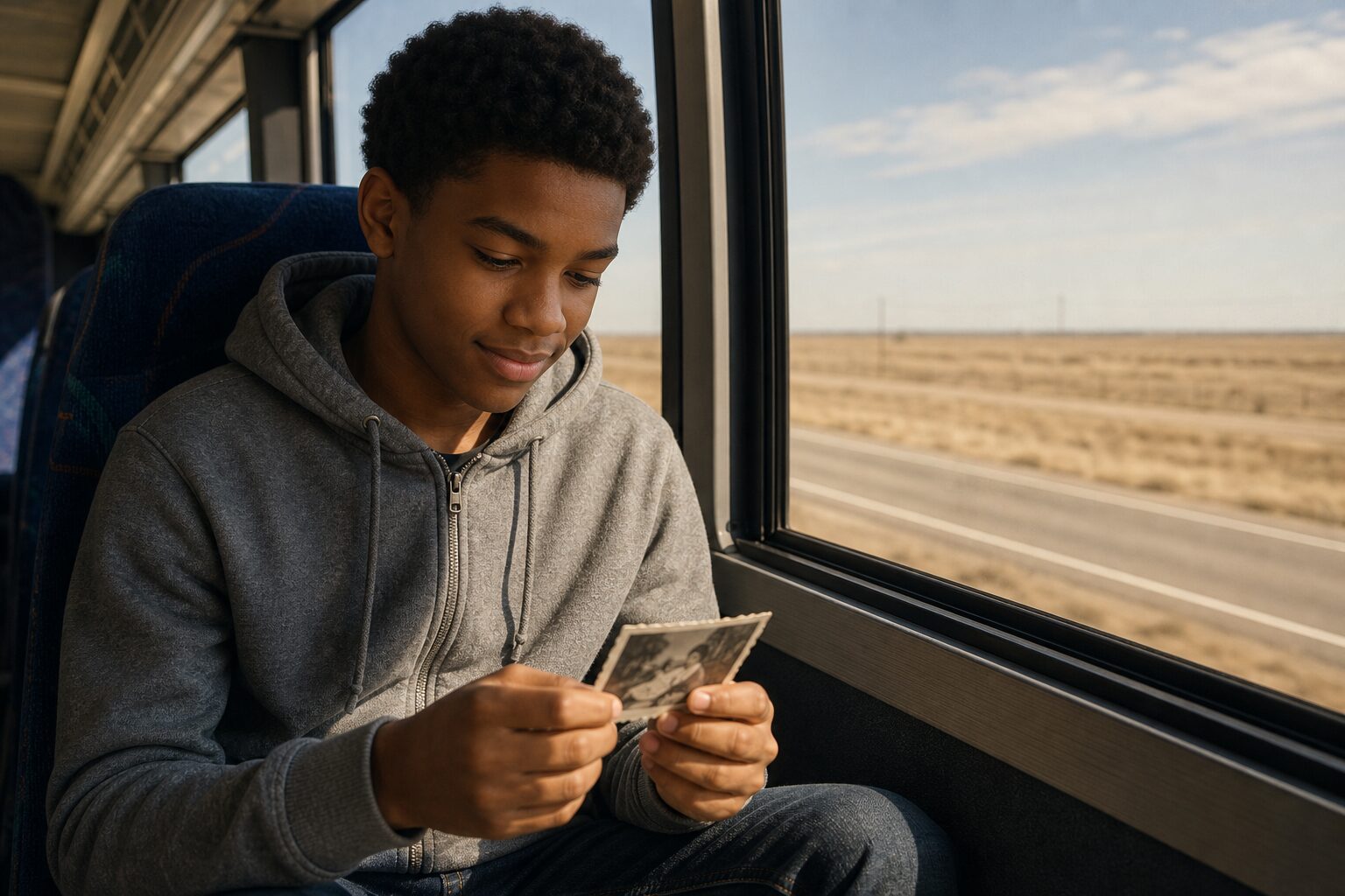 Bus interior — Miles holding the old black-and-white photograph with both hands, Texas landscape flowing past the window beside him, a peaceful expression